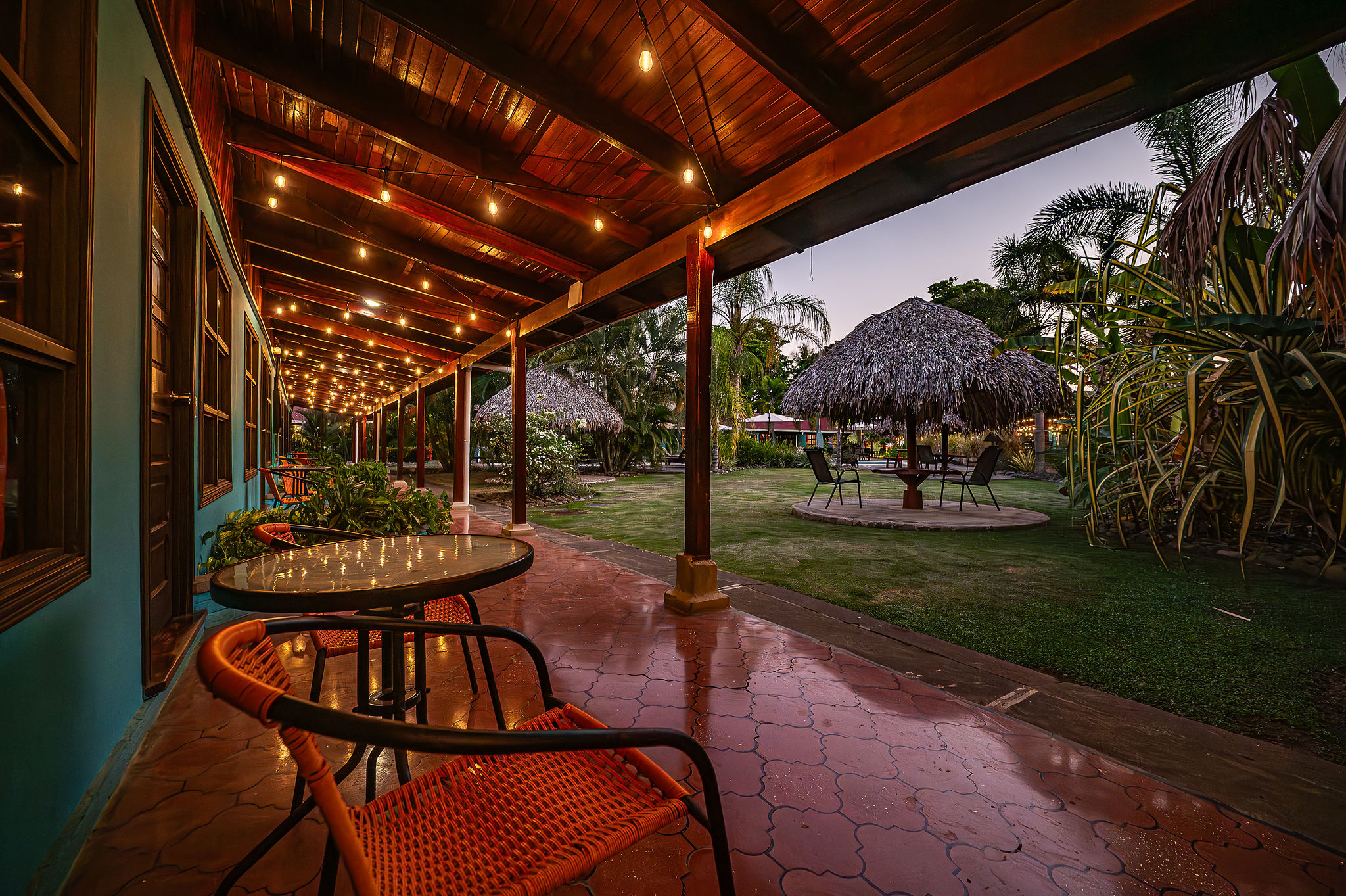 beachfront wood walkways and fairy lights with plants